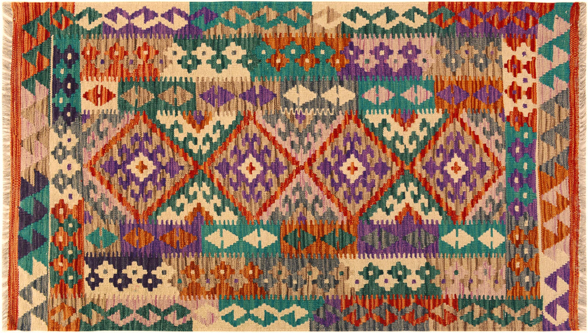 handmade Geometric Kilim Rust Green Hand-Woven RECTANGLE 100% WOOL area rug 3' x 5'