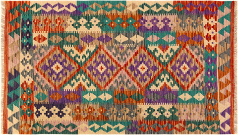 handmade Geometric Kilim Rust Green Hand-Woven RECTANGLE 100% WOOL area rug 3' x 5'