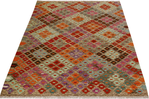 handmade Geometric Kilim Brown Red Hand-Woven RECTANGLE 100% WOOL area rug 4 x 6