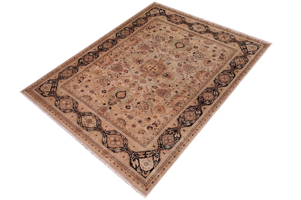 handmade Traditional Lahore Tan Black Hand Knotted RECTANGLE 100% WOOL area rug 8'X10'