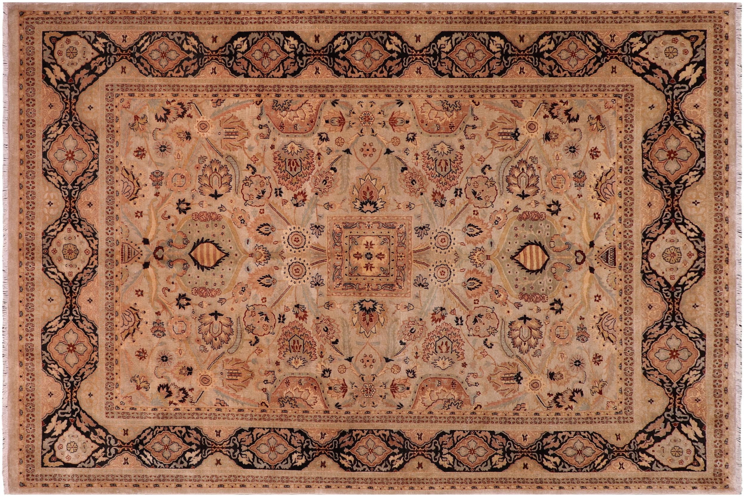 handmade Traditional Lahore Tan Black Hand Knotted RECTANGLE 100% WOOL area rug 8' x 10'