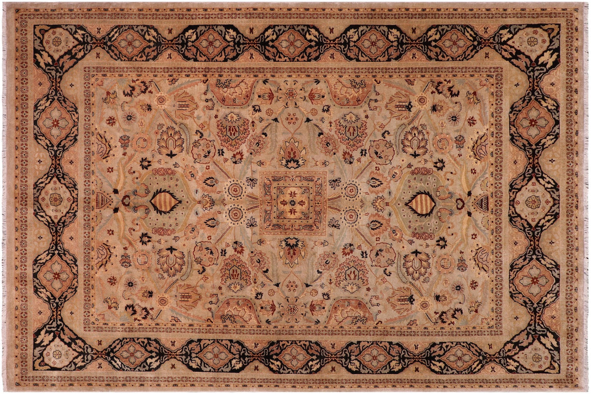 handmade Traditional Lahore Tan Black Hand Knotted RECTANGLE 100% WOOL area rug 8' x 10'