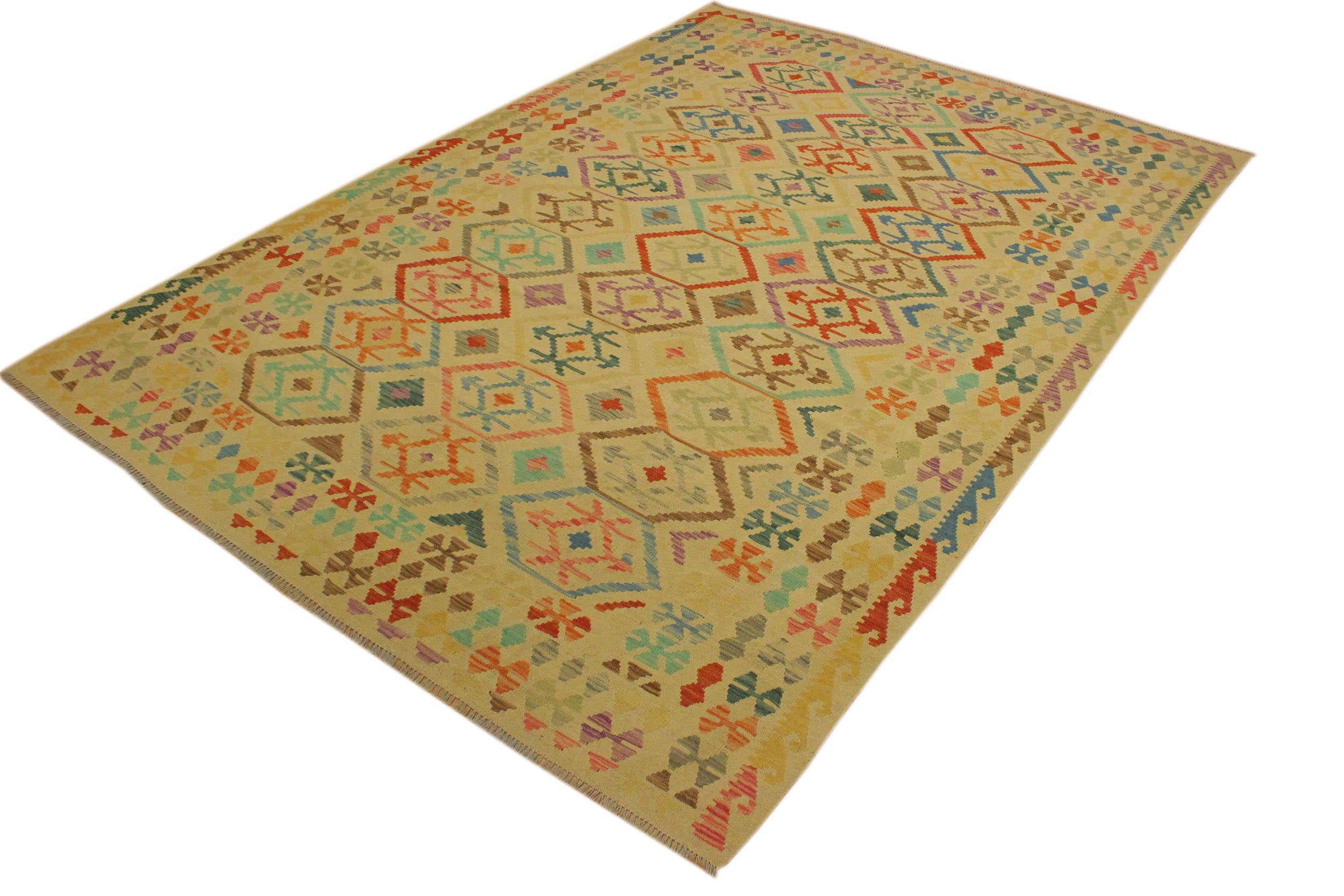 handmade Geometric Kilim Tan Blue Hand-Woven RECTANGLE 100% WOOL area rug 7 x 10