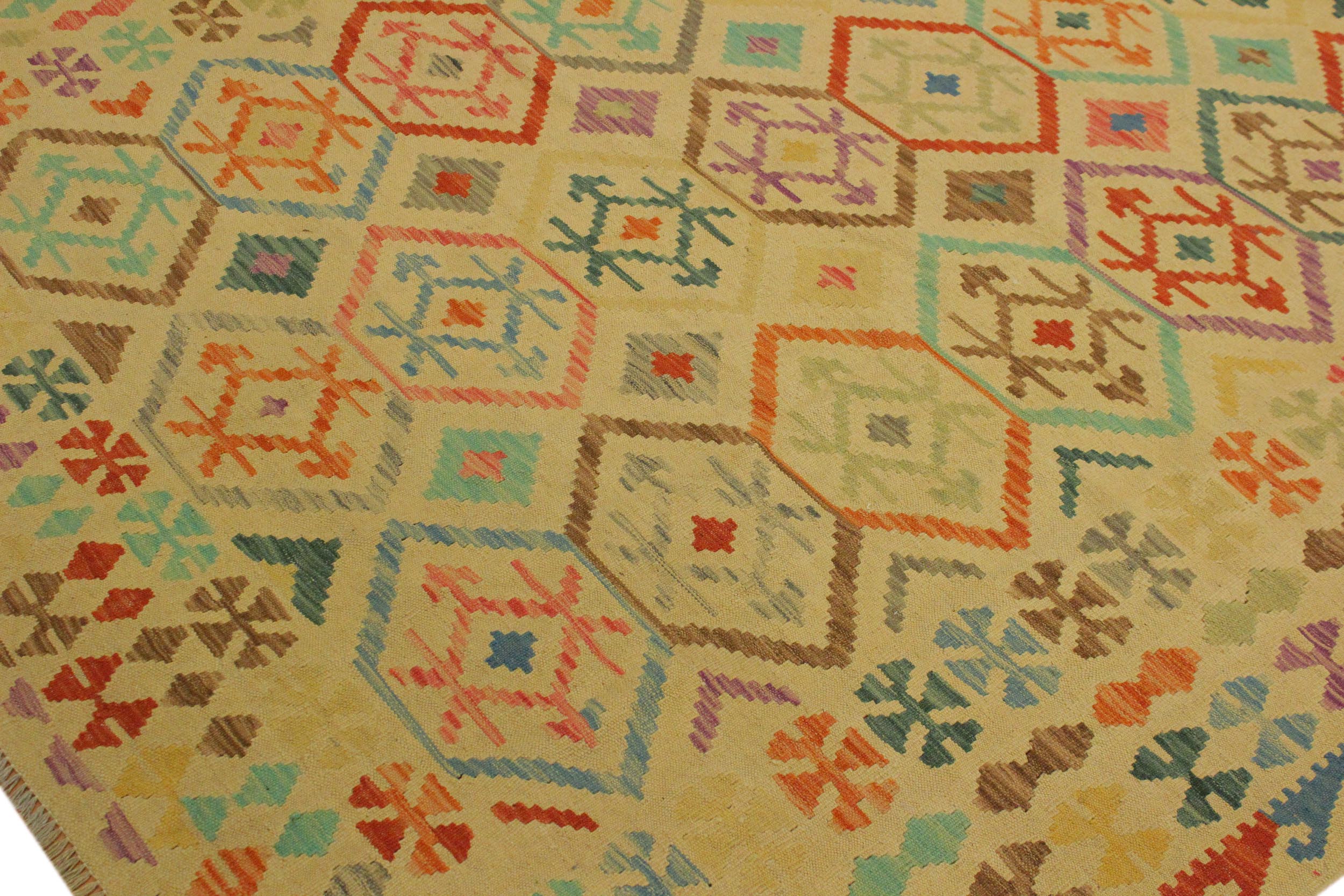 handmade Geometric Kilim Tan Blue Hand-Woven RECTANGLE 100% WOOL area rug 7 x 10