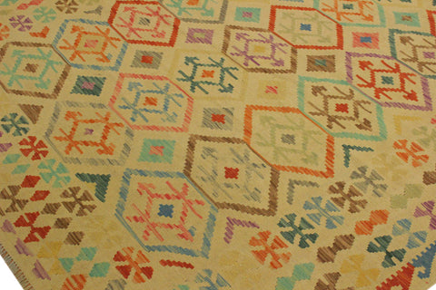 handmade Geometric Kilim Tan Blue Hand-Woven RECTANGLE 100% WOOL area rug 7 x 10
