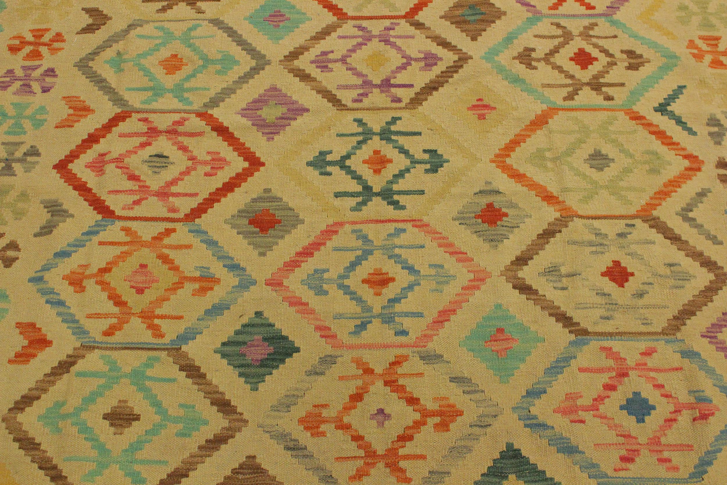 handmade Geometric Kilim Tan Blue Hand-Woven RECTANGLE 100% WOOL area rug 7 x 10