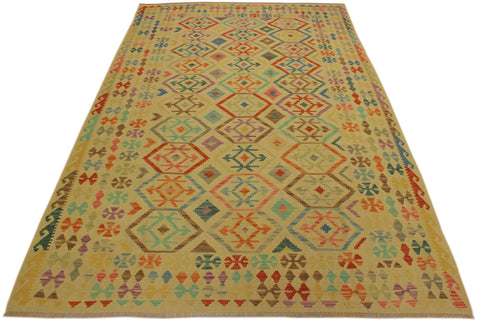 handmade Geometric Kilim Tan Blue Hand-Woven RECTANGLE 100% WOOL area rug 7 x 10
