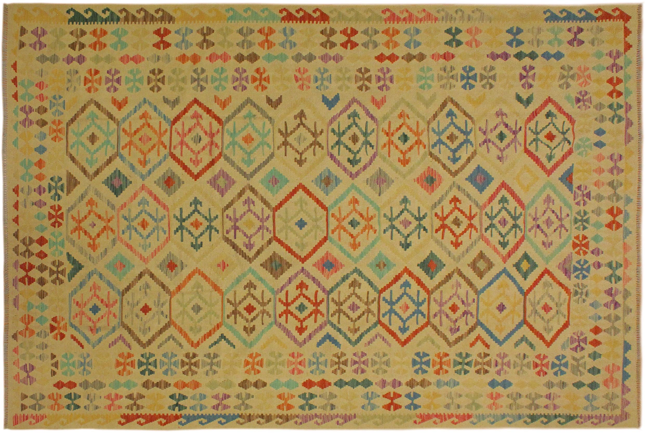 handmade Geometric Kilim Tan Blue Hand-Woven RECTANGLE 100% WOOL area rug 7 x 10