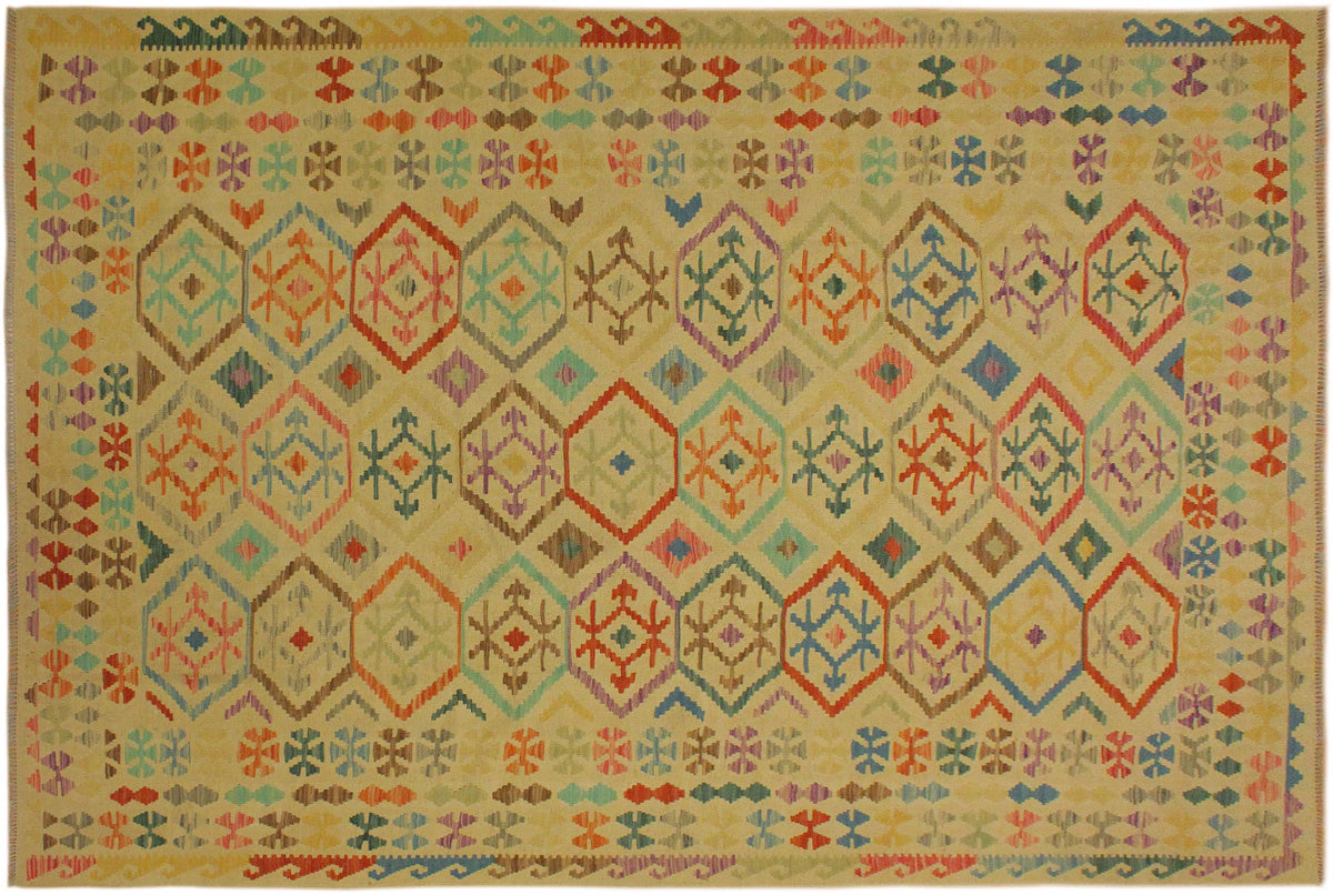 handmade Geometric Kilim Tan Blue Hand-Woven RECTANGLE 100% WOOL area rug 7 x 10