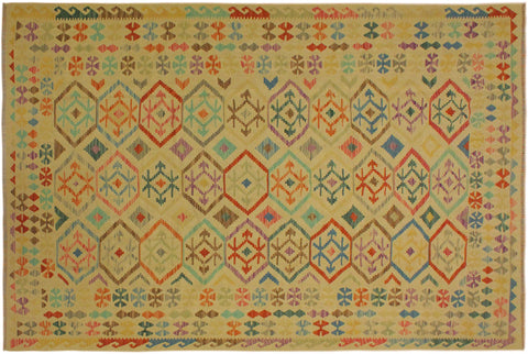handmade Geometric Kilim Tan Blue Hand-Woven RECTANGLE 100% WOOL area rug 7 x 10