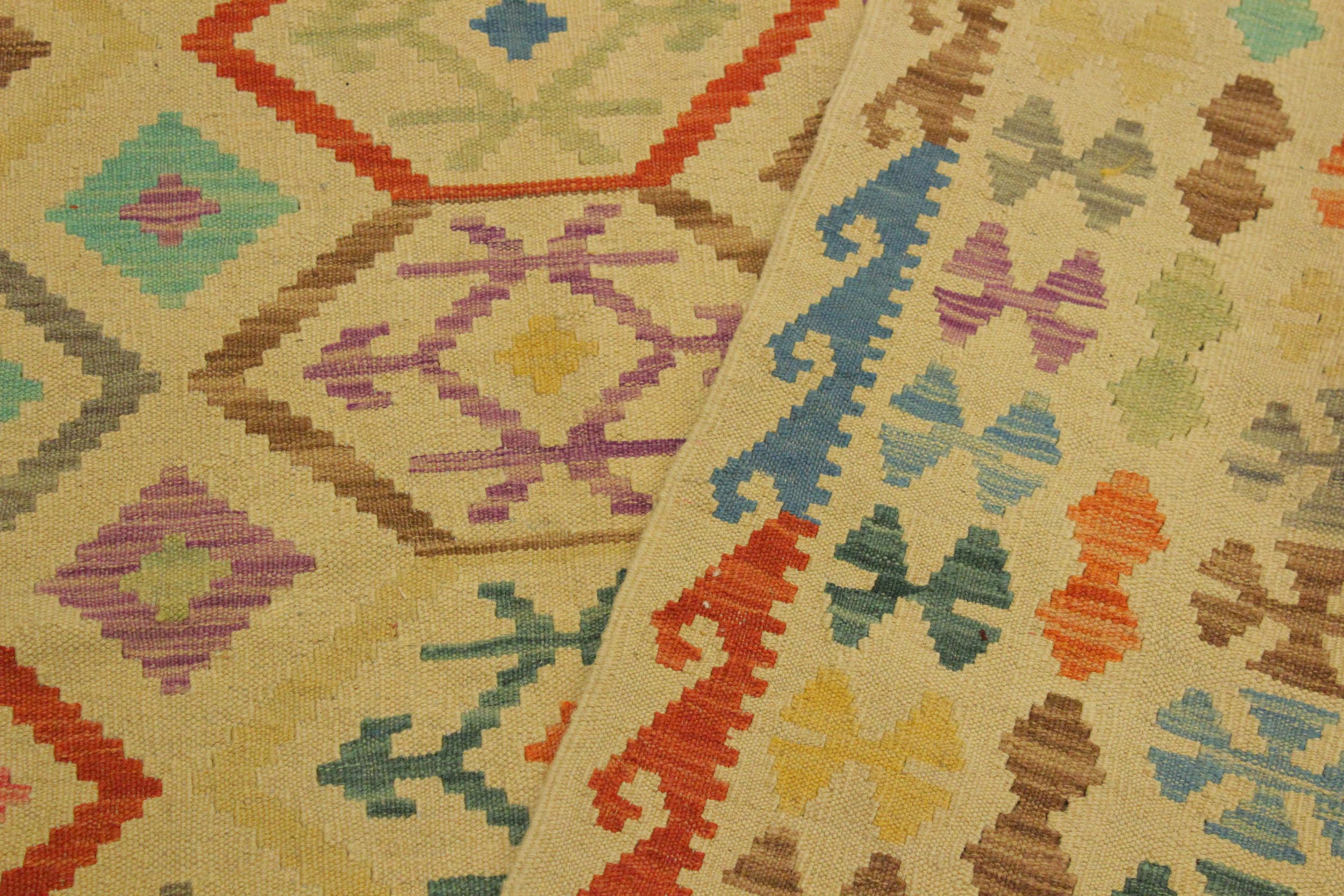 handmade Geometric Kilim Tan Blue Hand-Woven RECTANGLE 100% WOOL area rug 7 x 10