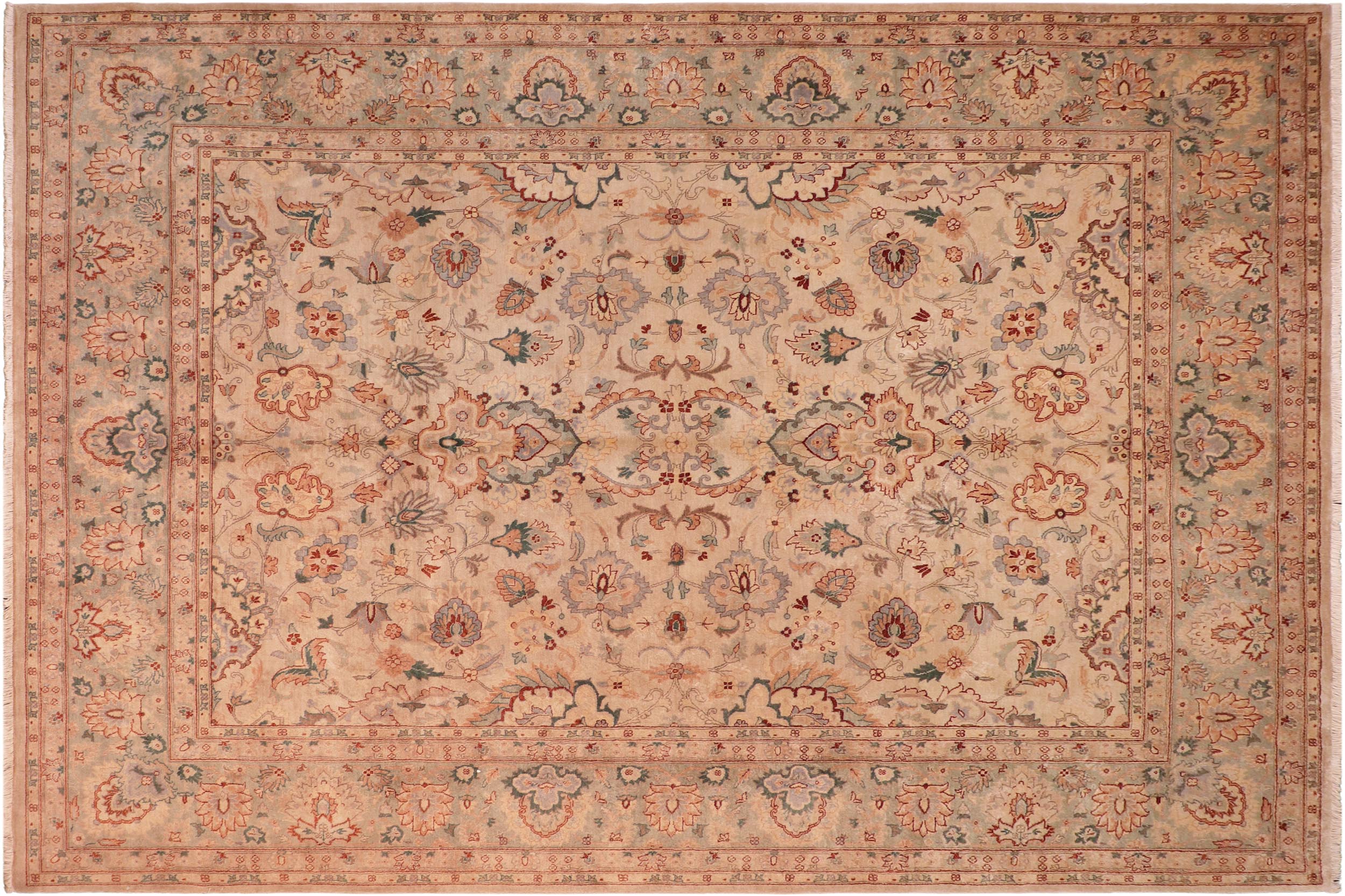 handmade Traditional Lahore Tan Green Hand Knotted RECTANGLE 100% WOOL area rug 8' x 10'
