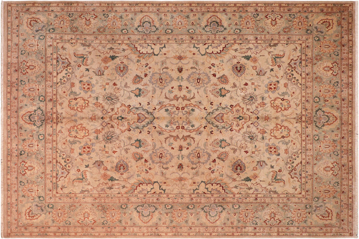 handmade Traditional Lahore Tan Green Hand Knotted RECTANGLE 100% WOOL area rug 8' x 10'