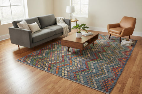 handmade Modern Kilim Blue Red Hand-Woven RECTANGLE 100% WOOL area rug 7x10