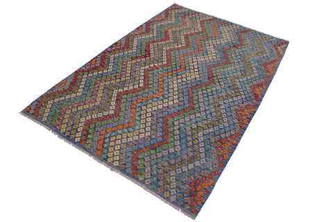 handmade Modern Kilim Blue Red Hand-Woven RECTANGLE 100% WOOL area rug 7x10