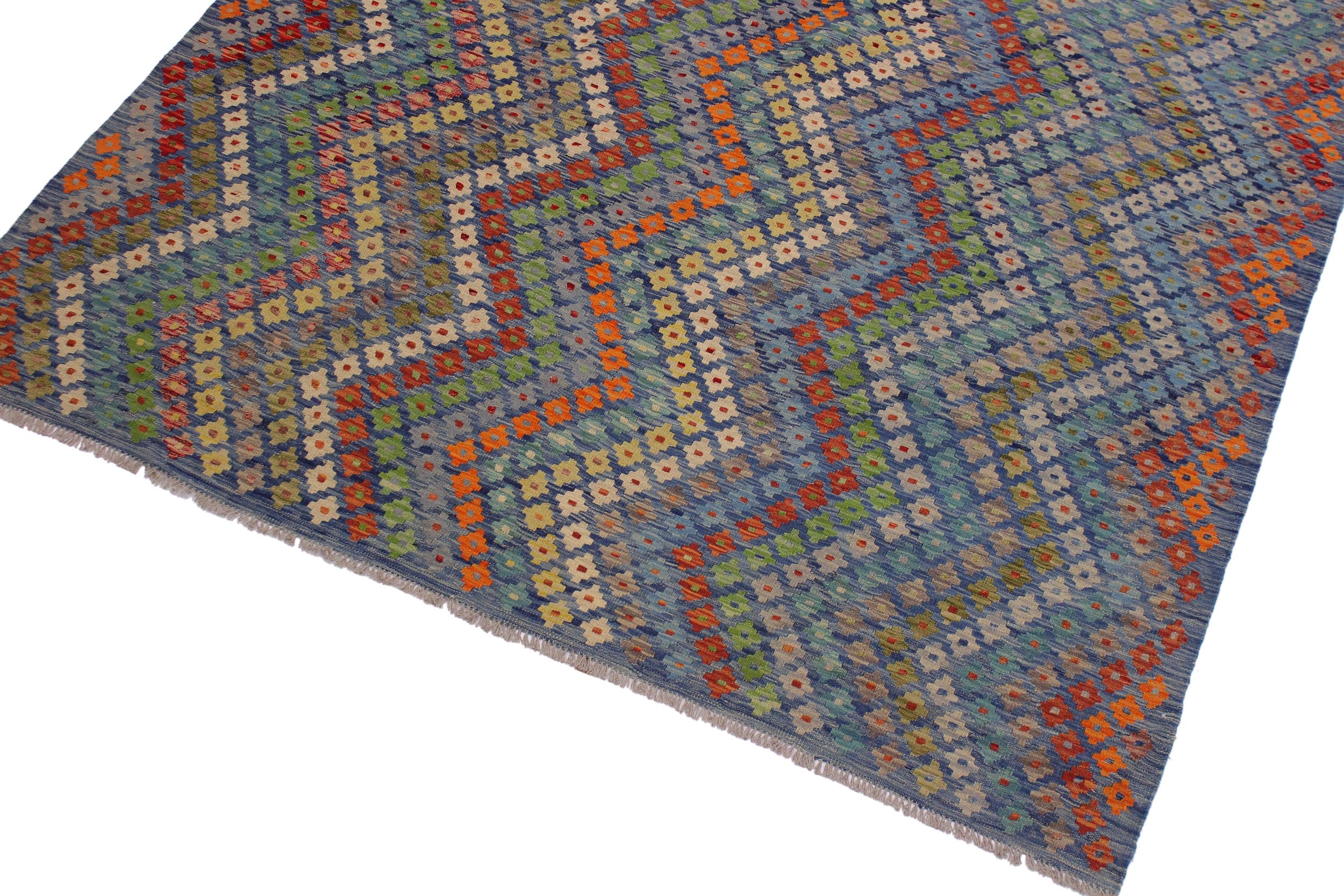 handmade Modern Kilim Blue Red Hand-Woven RECTANGLE 100% WOOL area rug 7x10