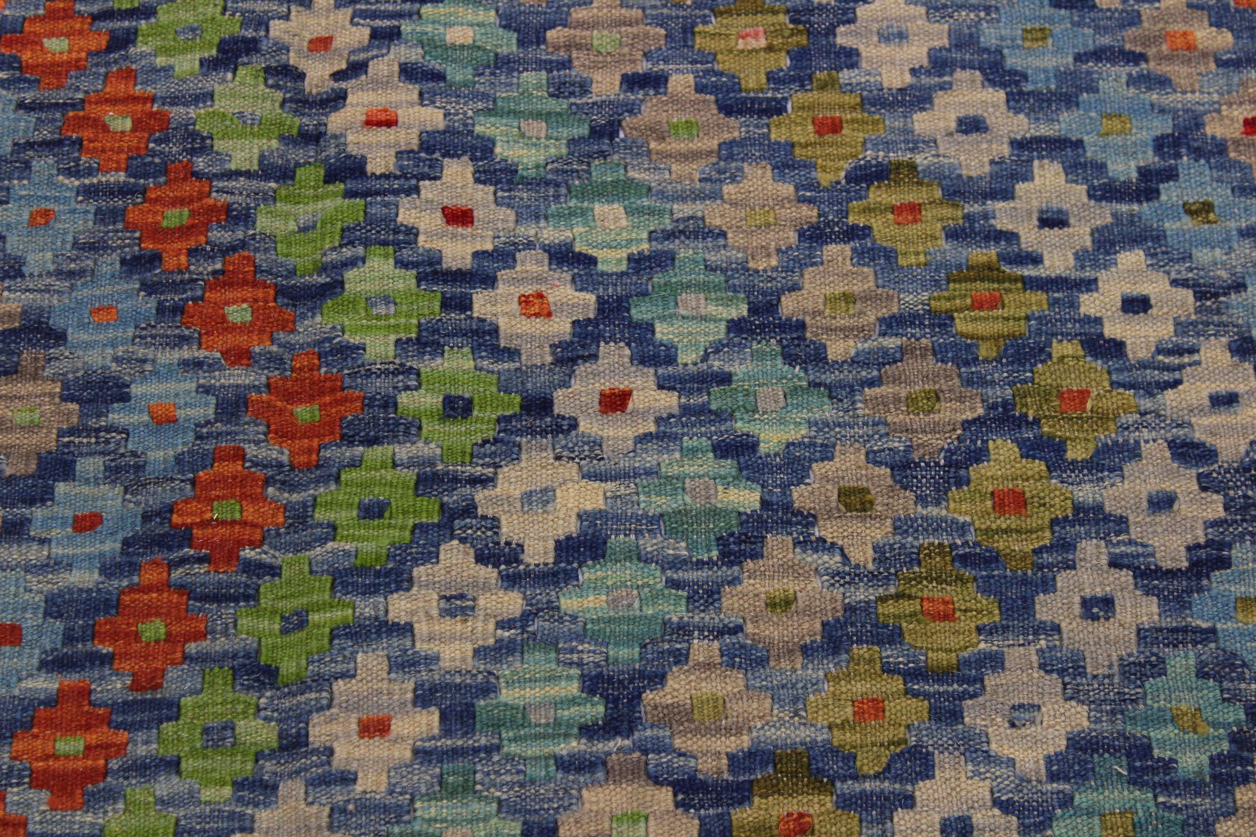 handmade Modern Kilim Blue Red Hand-Woven RECTANGLE 100% WOOL area rug 7x10
