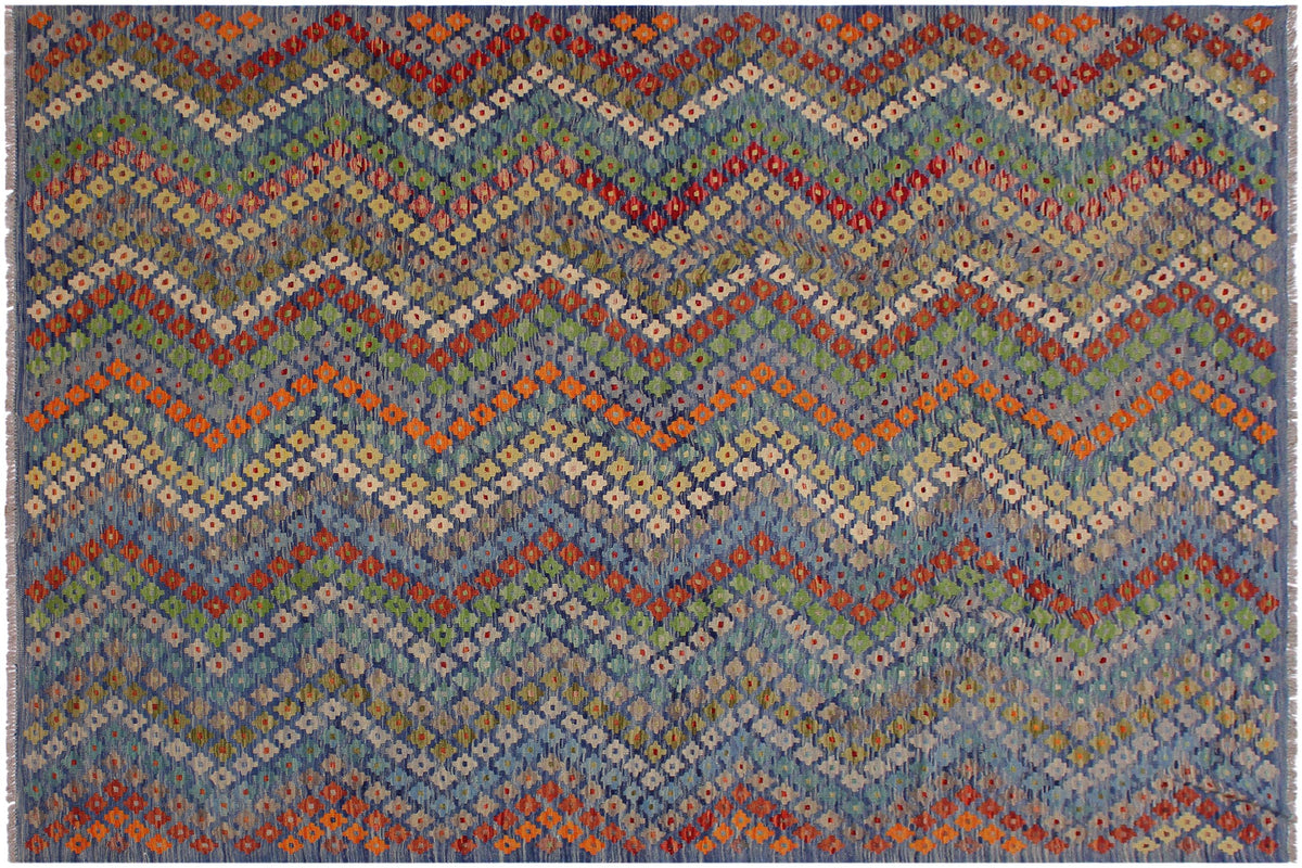 handmade Modern Kilim Blue Red Hand-Woven RECTANGLE 100% WOOL area rug 7x10