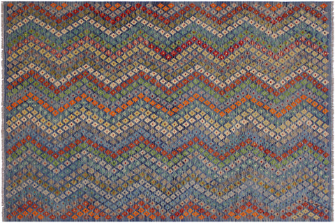 handmade Modern Kilim Blue Red Hand-Woven RECTANGLE 100% WOOL area rug 7x10