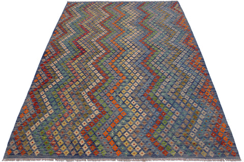 handmade Modern Kilim Blue Red Hand-Woven RECTANGLE 100% WOOL area rug 7x10