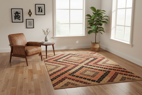 handmade Modern Kilim Tan Beige Hand-Woven RECTANGLE 100% WOOL area rug 5x7