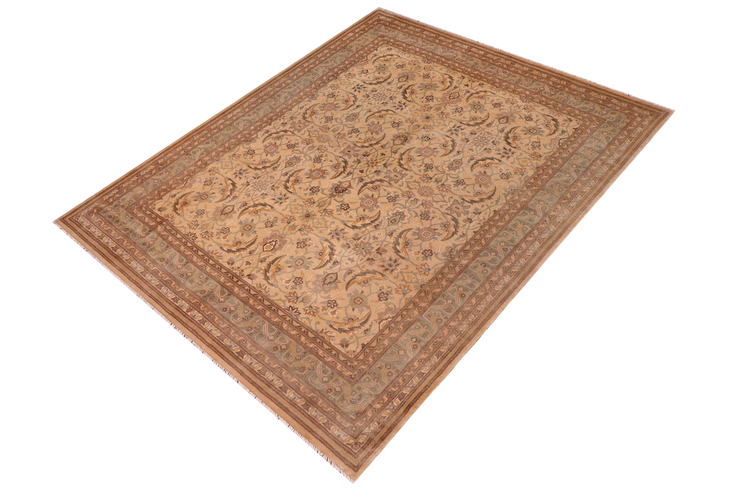 handmade Traditional Lahore Tan Lt. Green Hand Knotted RECTANGLE 100% WOOL area rug 8' x 10'