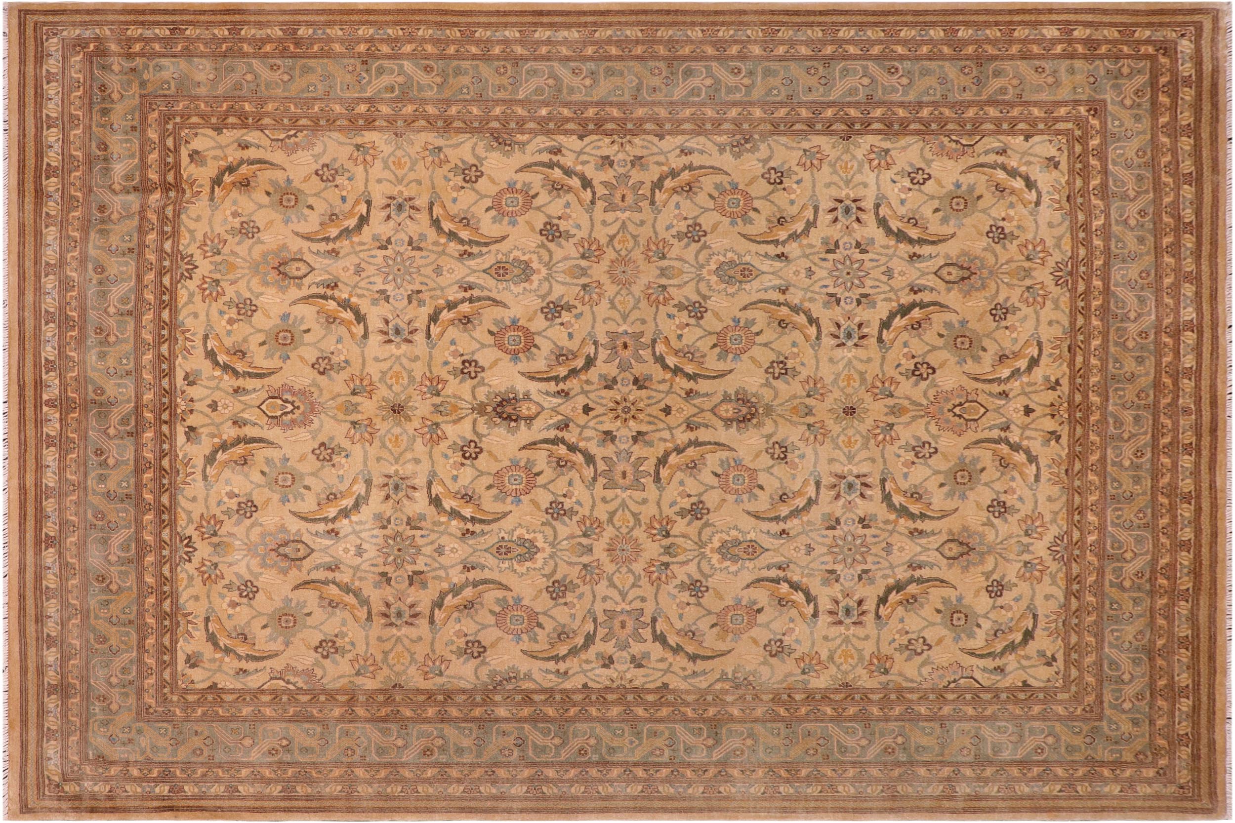 handmade Traditional Lahore Tan Lt. Green Hand Knotted RECTANGLE 100% WOOL area rug 8' x 10'