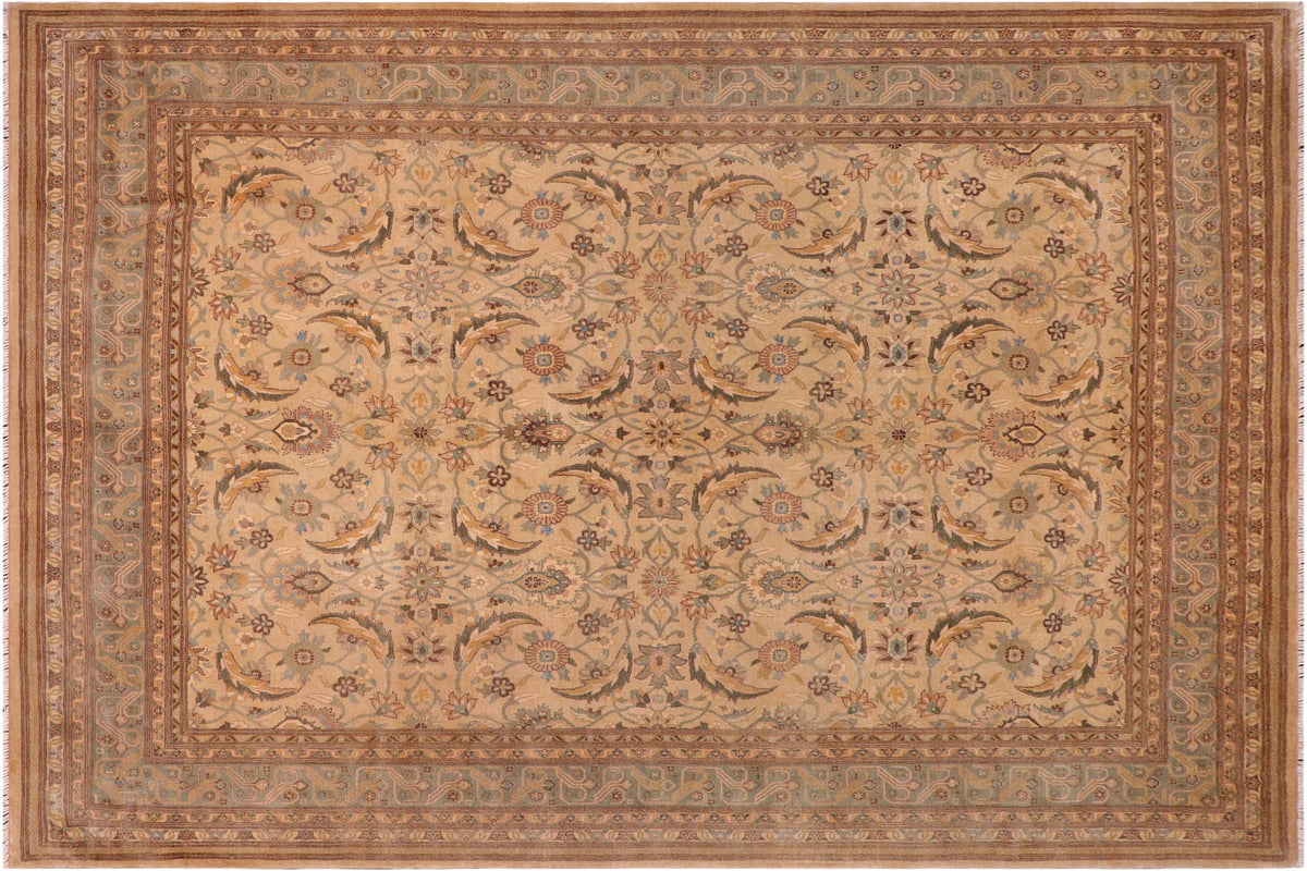 handmade Traditional Lahore Tan Lt. Green Hand Knotted RECTANGLE 100% WOOL area rug 8' x 10'