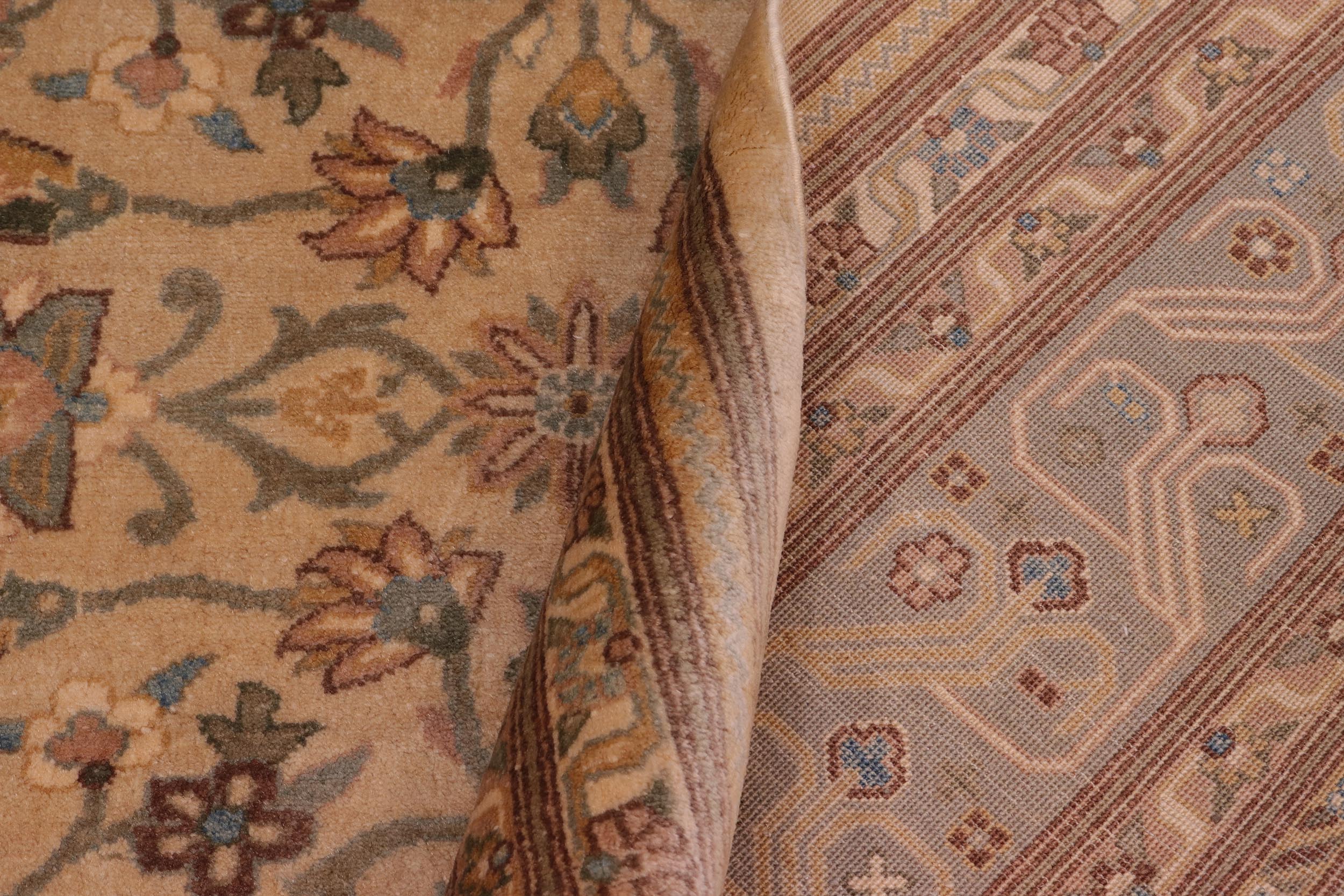 handmade Traditional Lahore Tan Lt. Green Hand Knotted RECTANGLE 100% WOOL area rug 8' x 10'