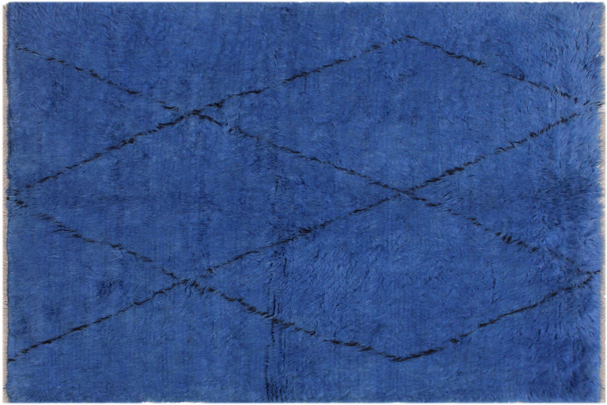 handmade Modern Moroccan Blue Black Hand Knotted RECTANGLE 100% WOOL area rug 6' x 7'