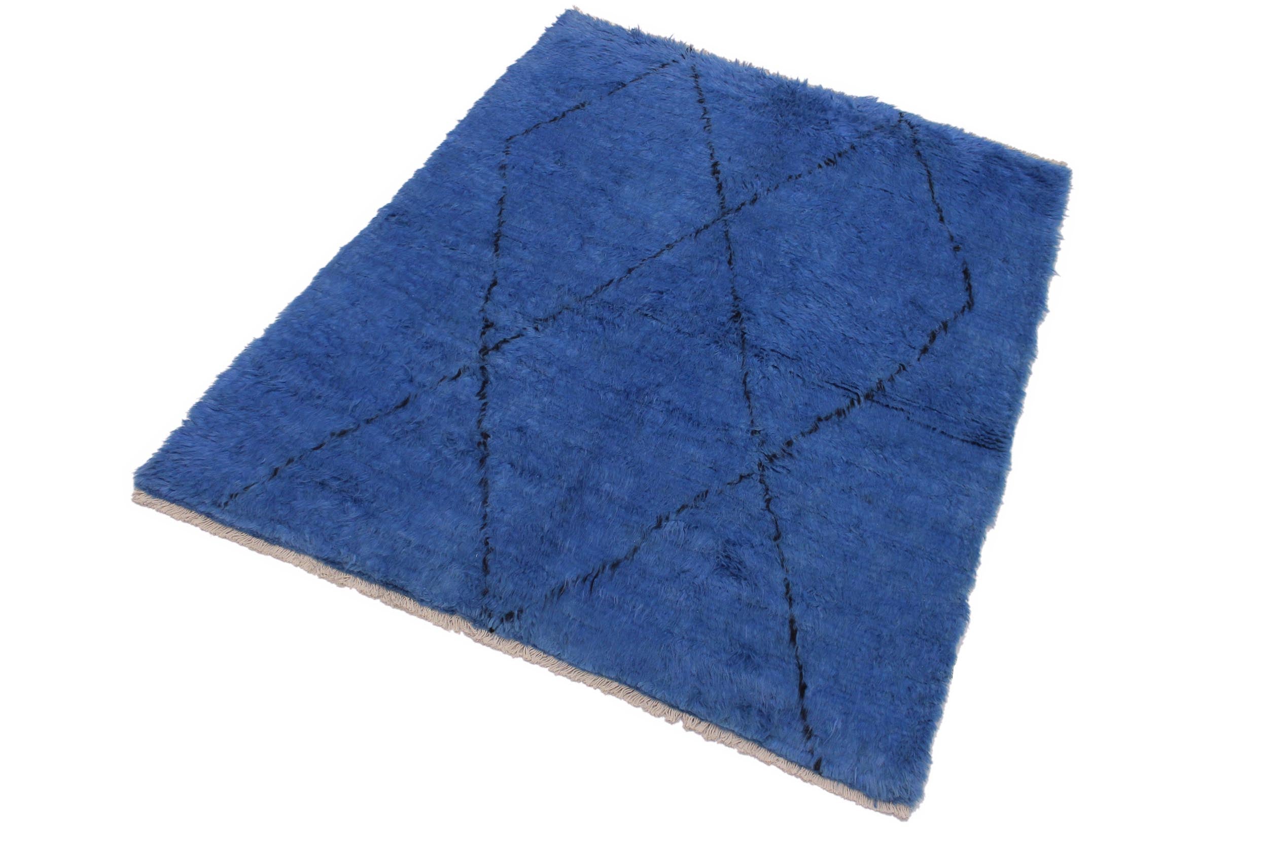 handmade Modern Moroccan Blue Black Hand Knotted RECTANGLE 100% WOOL area rug 6' x 7'