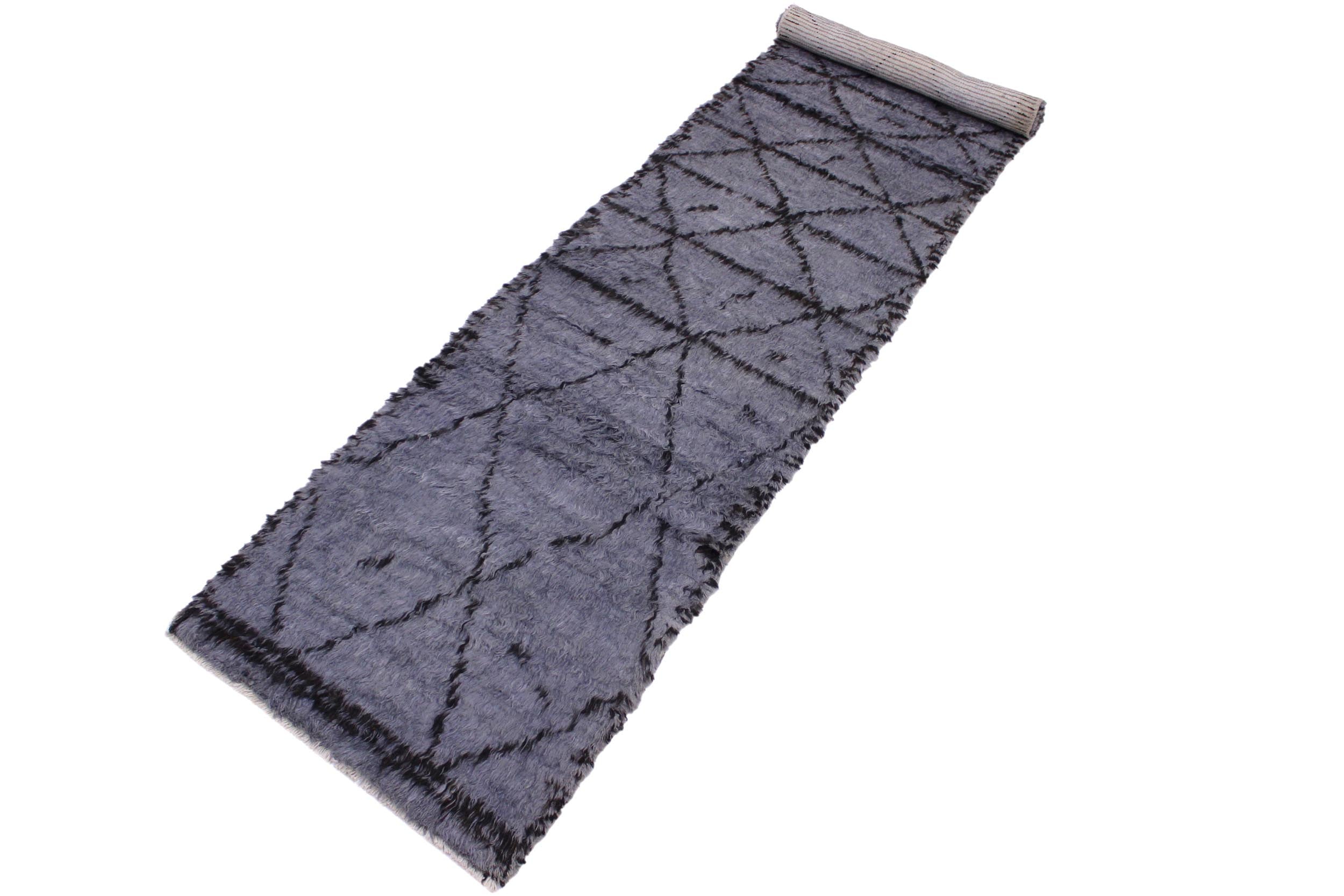 handmade Modern Moroccan Gray Black Hand Knotted RUNNER 100% WOOL area rug 3 x 11