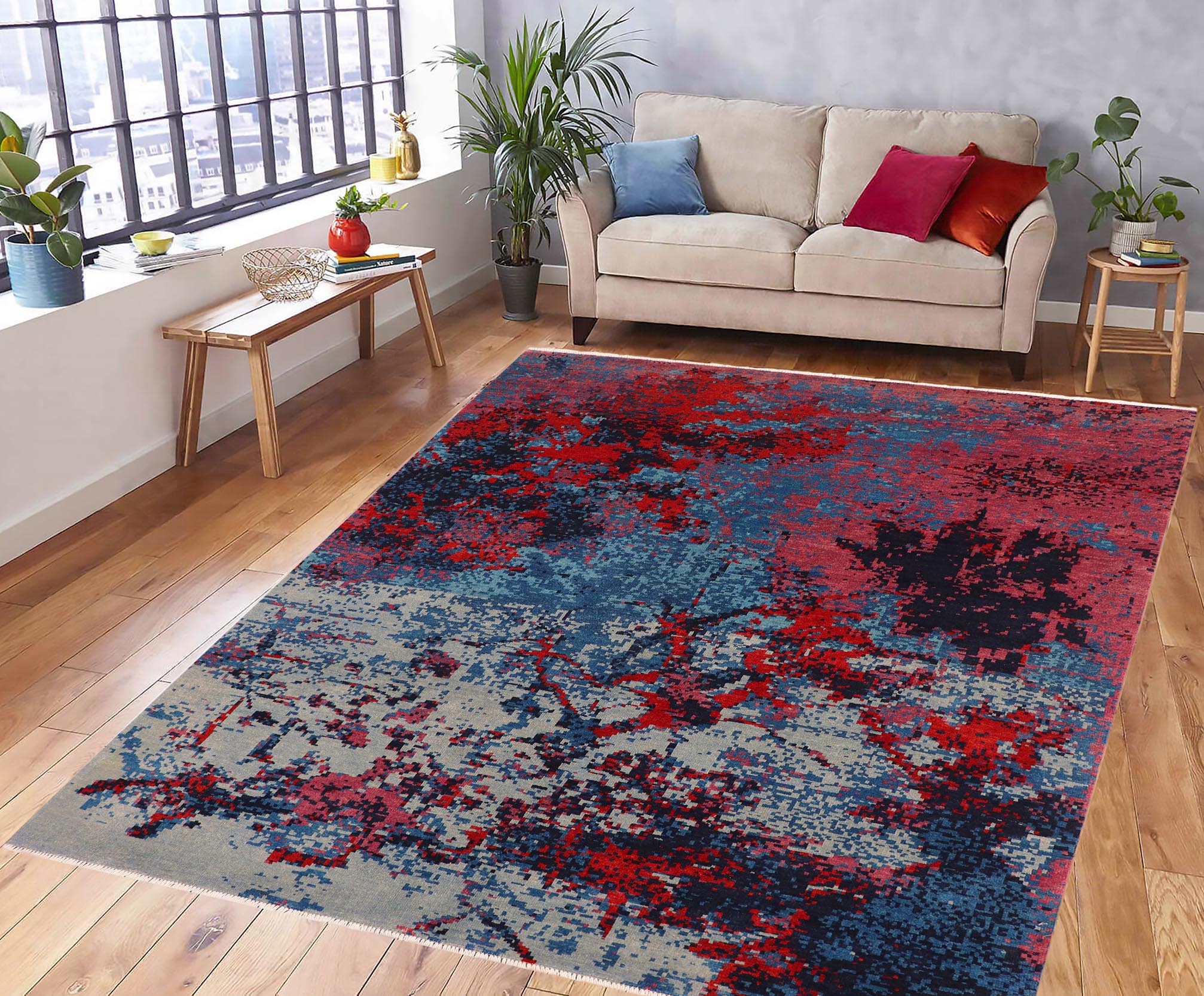 handmade Modern Kafkaz Blue Red Hand Knotted RECTANGLE 100% WOOL area rug 8' x 10'