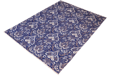 handmade Modern Kafkaz Blue Ivory Hand Knotted RECTANGLE WOOL&VISCOU area rug 8' x 10'