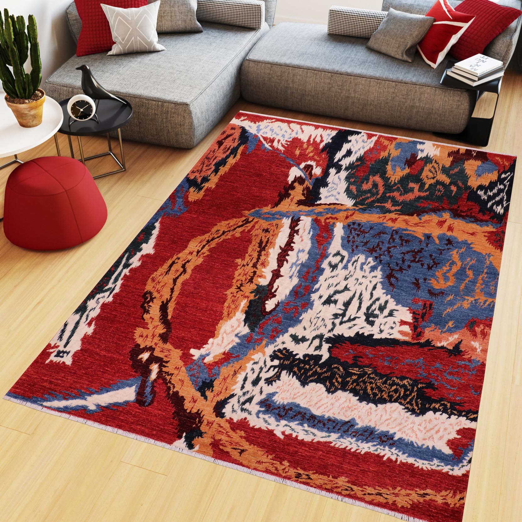 handmade Modern Abstract Red Ivory Hand Knotted RECTANGLE 100% WOOL area rug 8' x 10'