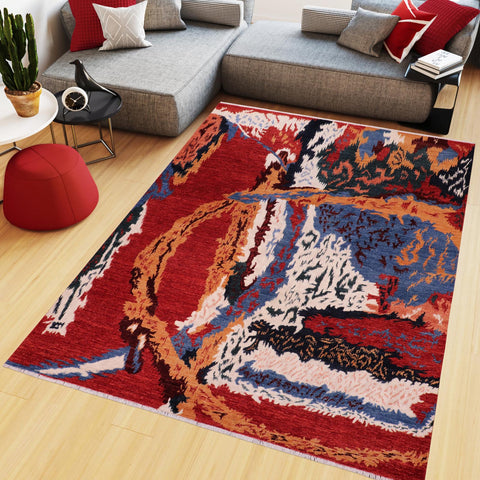 handmade Modern Abstract Red Ivory Hand Knotted RECTANGLE 100% WOOL area rug 8' x 10'