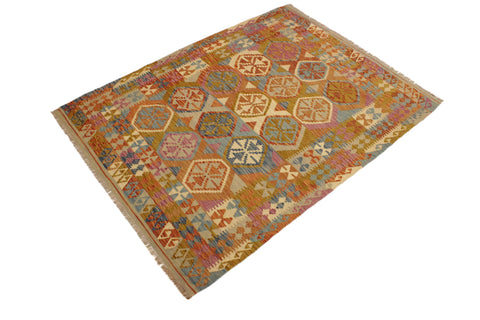 handmade Geometric Kilim Beige Gold Hand-Woven RECTANGLE 100% WOOL area rug 6 x 8
