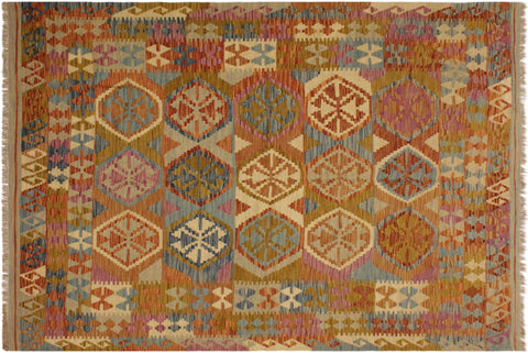 handmade Geometric Kilim Beige Gold Hand-Woven RECTANGLE 100% WOOL area rug 6 x 8