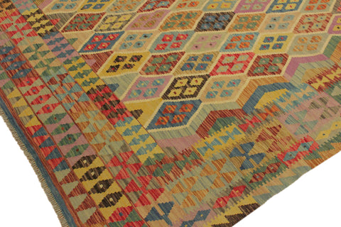 handmade Geometric Kilim Blue Beige Hand-Woven RECTANGLE 100% WOOL area rug 7 x 10