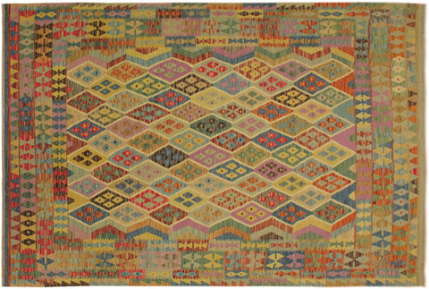 handmade Geometric Kilim Blue Beige Hand-Woven RECTANGLE 100% WOOL area rug 7 x 10