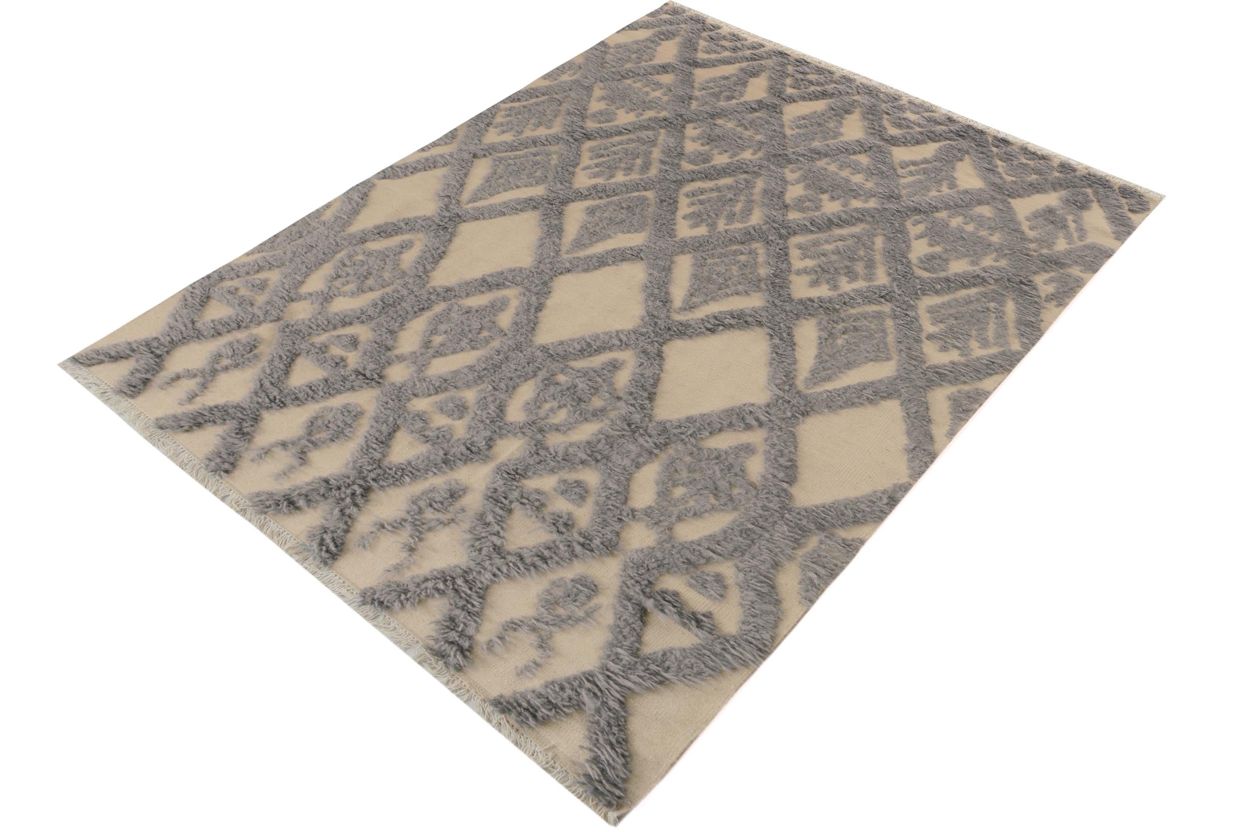 handmade Geometric Moroccan Hi Ivory Blue Hand Knotted RECTANGLE 100% WOOL area rug 6' x 8'