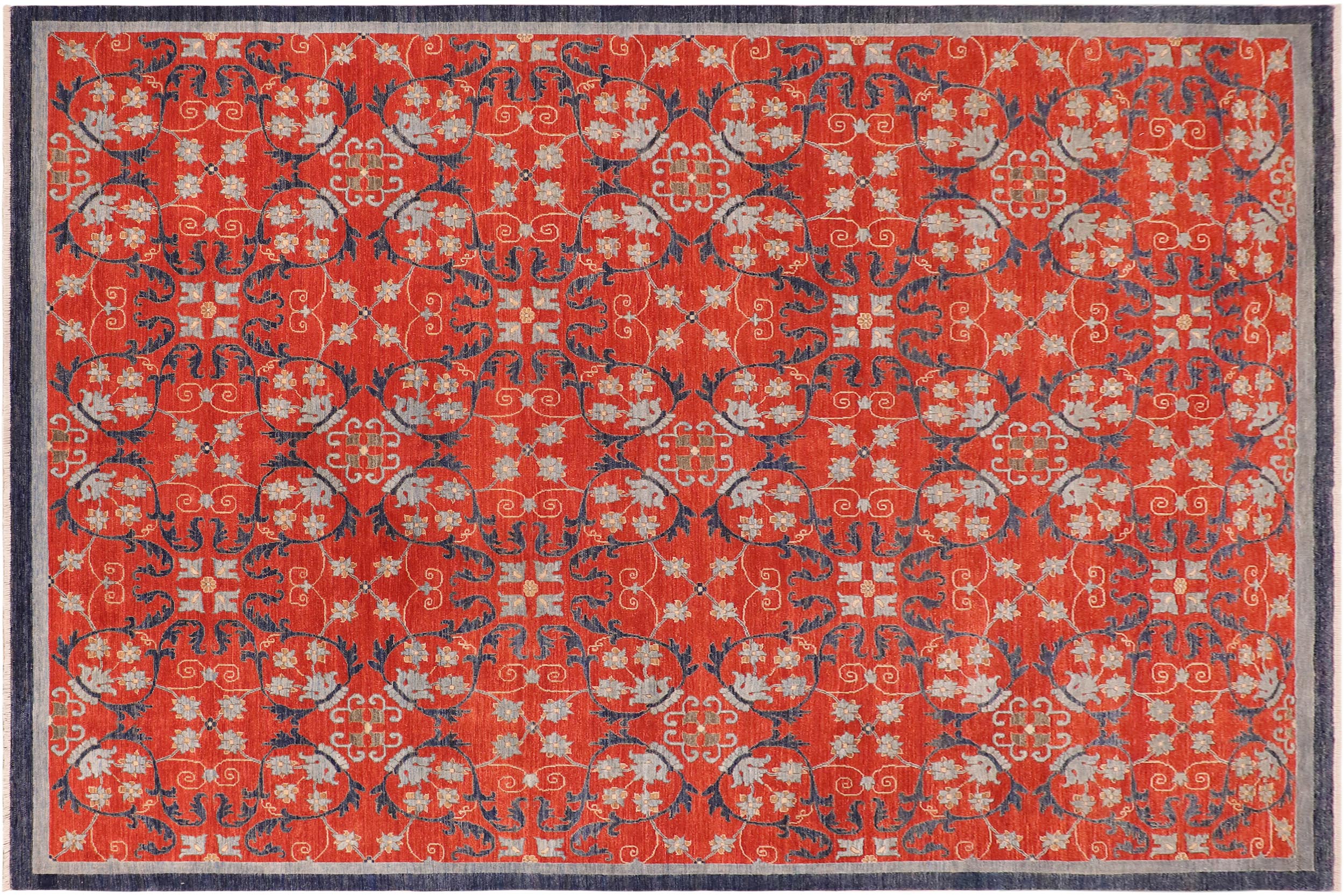 handmade Modern Kafkaz Rust Blue Hand Knotted RECTANGLE 100% WOOL area rug 10' x 14'