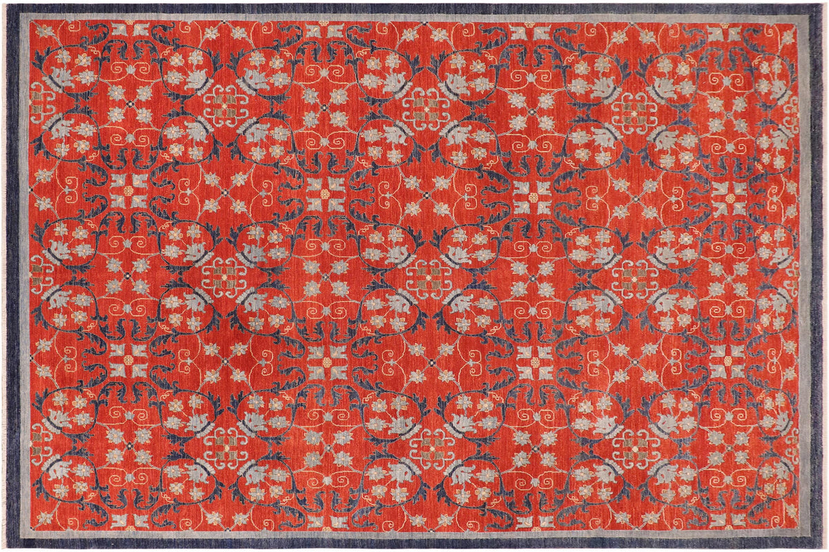 handmade Modern Kafkaz Rust Blue Hand Knotted RECTANGLE 100% WOOL area rug 10' x 14'