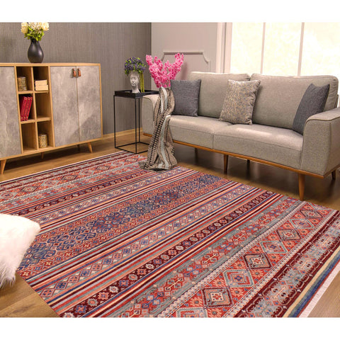 handmade Geometric Kurjean Red Blue Hand Knotted RECTANGLE 100% WOOL area rug 9x12