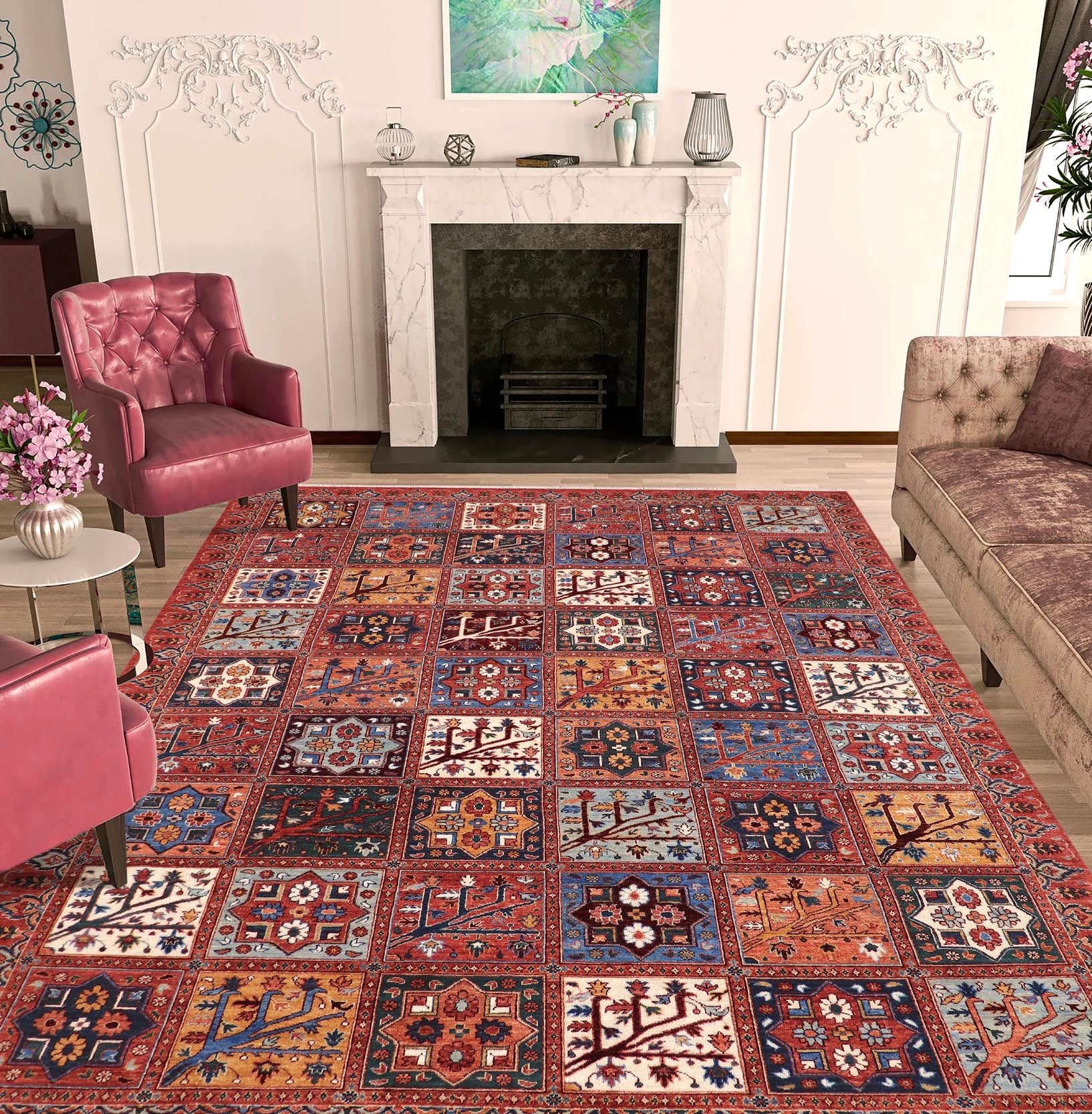 handmade Geometric Kafkaz Rust Blue Hand Knotted RECTANGLE 100% WOOL area rug 9' x 12'