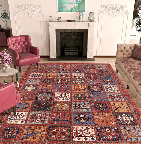 handmade Geometric Kafkaz Rust Blue Hand Knotted RECTANGLE 100% WOOL area rug 9' x 12'