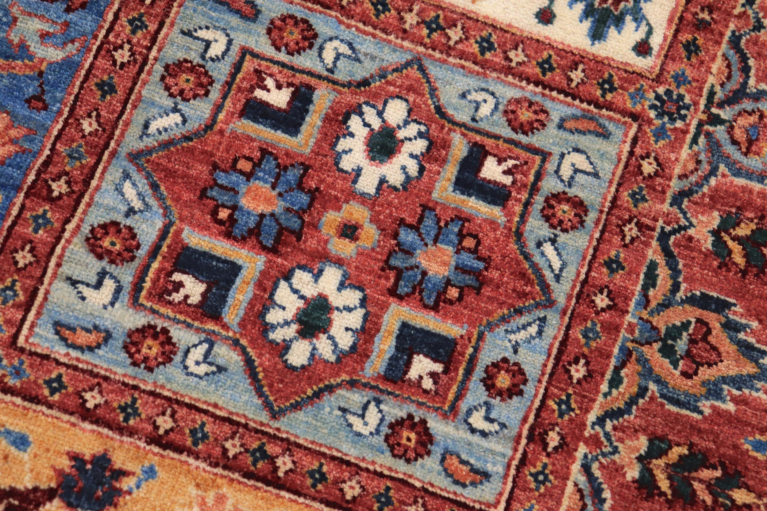 handmade Geometric Kafkaz Rust Blue Hand Knotted RECTANGLE 100% WOOL area rug 9' x 12'