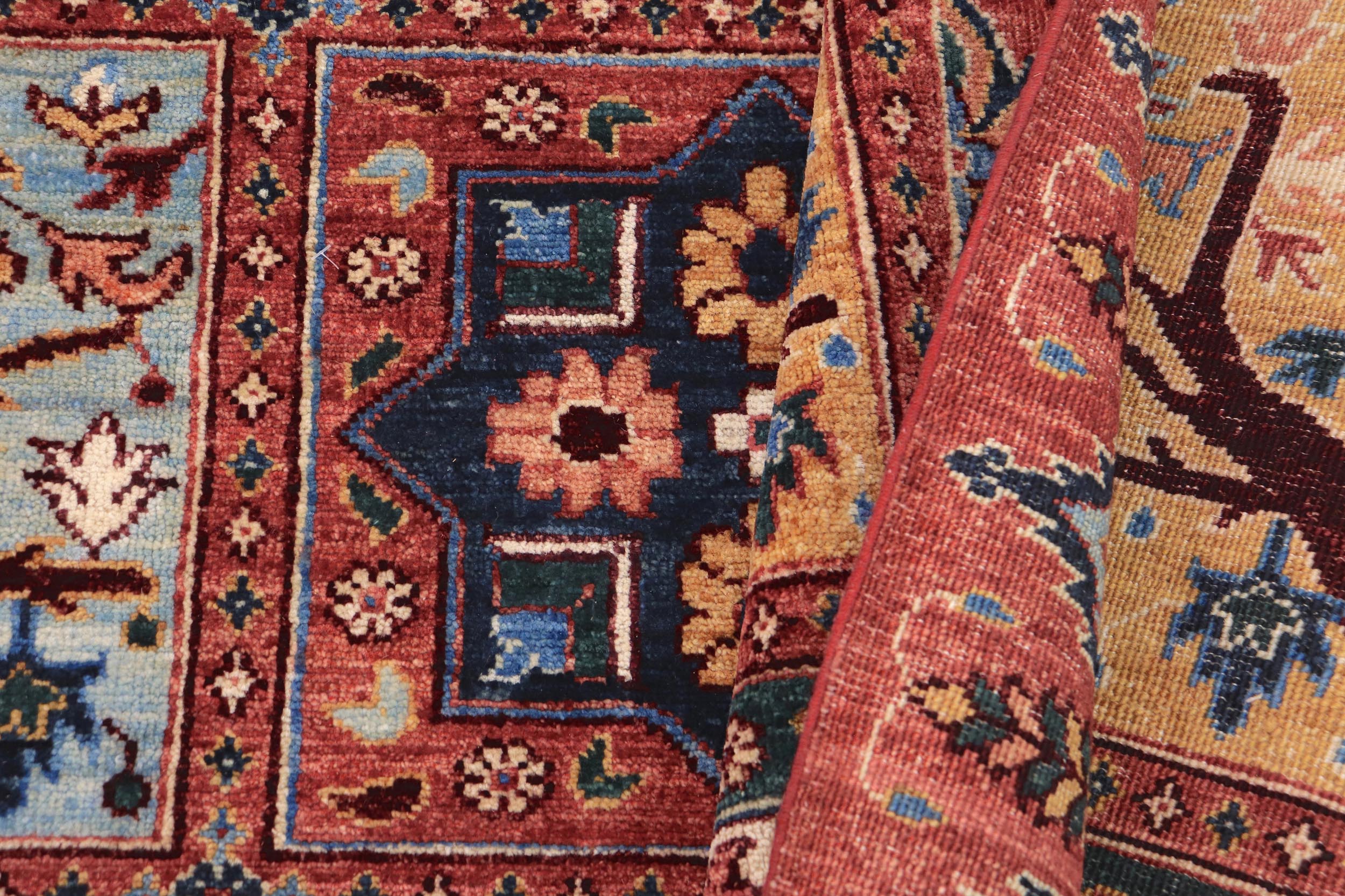 handmade Geometric Kafkaz Rust Blue Hand Knotted RECTANGLE 100% WOOL area rug 9' x 12'
