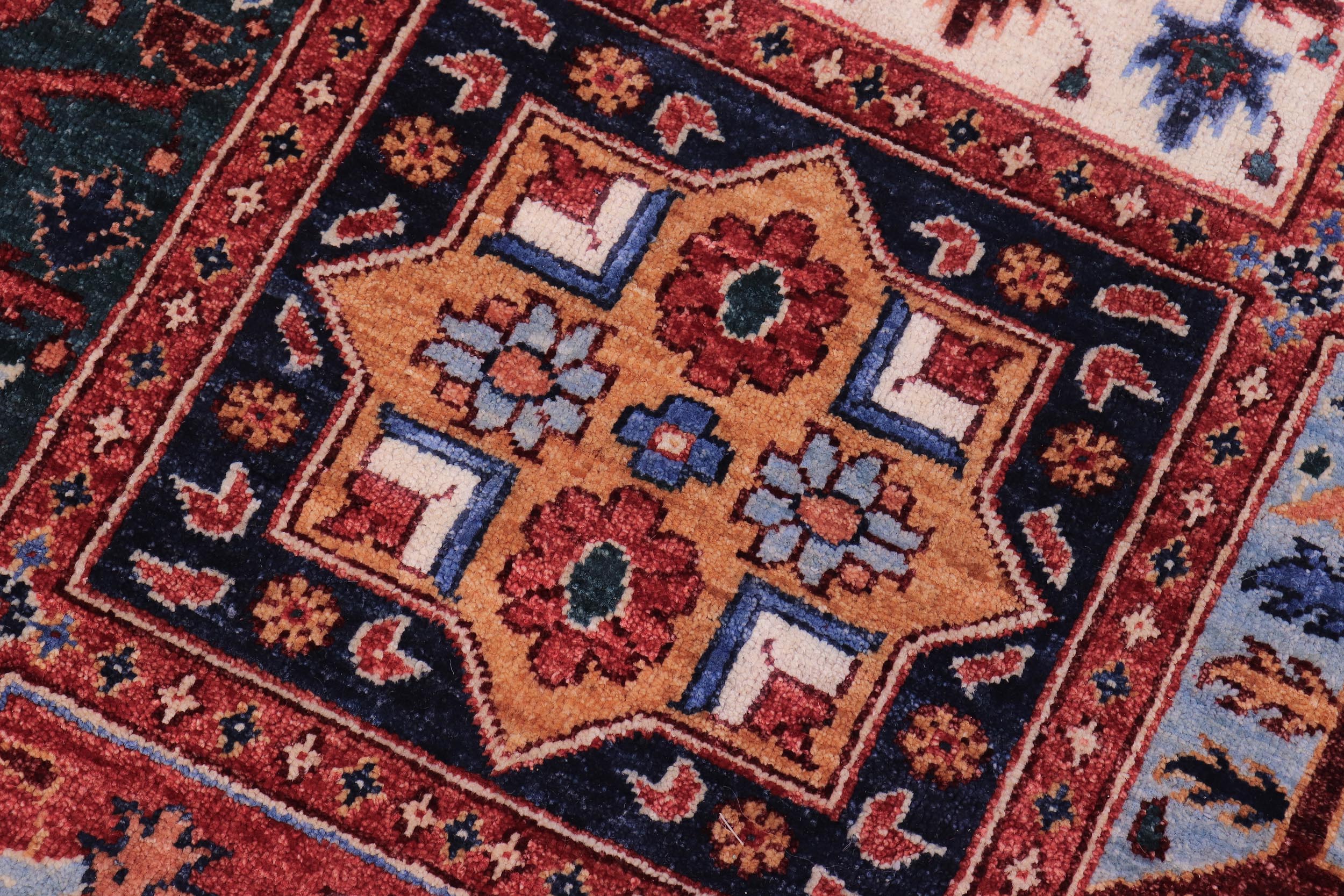 handmade Geometric Kafkaz Rust Blue Hand Knotted RECTANGLE 100% WOOL area rug 9' x 12'