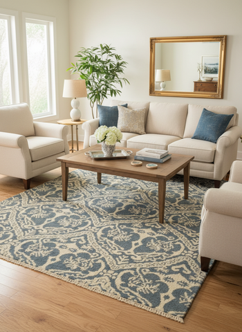 Abstract Nabila Blue/Ivory Wool&Silk Rug - 4'0''X6'0''